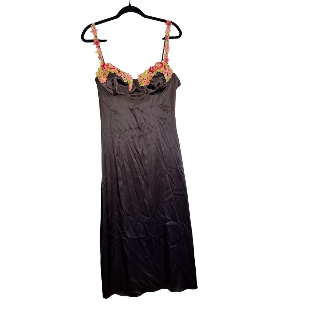 VICI Black Satin Floral Lace Applique Bustier Midi Dress Sz Medium Chic